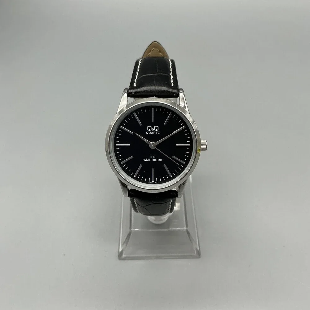 Q&Q Womens Watch 30mm Black Dial Silver Tone Black Leather Band New Battery